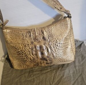 BRAHMIN Tan & Gold Croc-Embossed Leather Convertible Shoulder Bag – Luxe Style